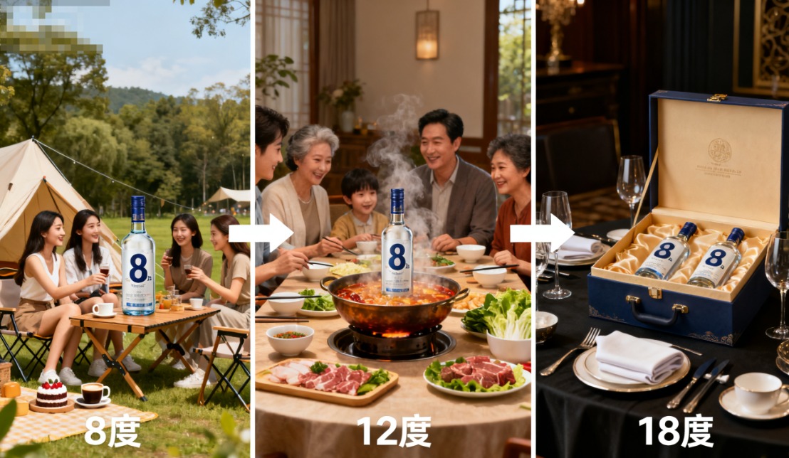 对应适合的图片建议 度数系列展示图:并排摆放 8 度、12 度、18 度三款青梅酒瓶,瓶身贴清晰度数标签,背景点缀新鲜青梅和绿叶,下方配文字 “8-18% vol 全度数可选”。 场景适配图:左侧 8 度款搭配露营装备 / 闺蜜下午茶场景,中间 12 度款搭配家庭餐桌 / 火锅场景,右侧 18 度款搭配宴请礼盒场景,用箭头标注对应度数。 品质背书图:特写酒瓶配料表 + SC 认证证书一角,用红色框突出 “纯果发酵”“无添加酒精” 字样,角落标注酒厂 Logo。 拿货场景图:工作人员打包 1 件混装青梅酒(含不同度数),箱子上贴 “1 件起拿”“支持混拿” 醒目贴纸,背景简约干净。